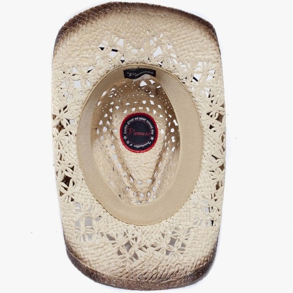 Cowboy cowgirl Cream white with Brown Straw Cowboy Hat with embellished band - Picture 4 of 4